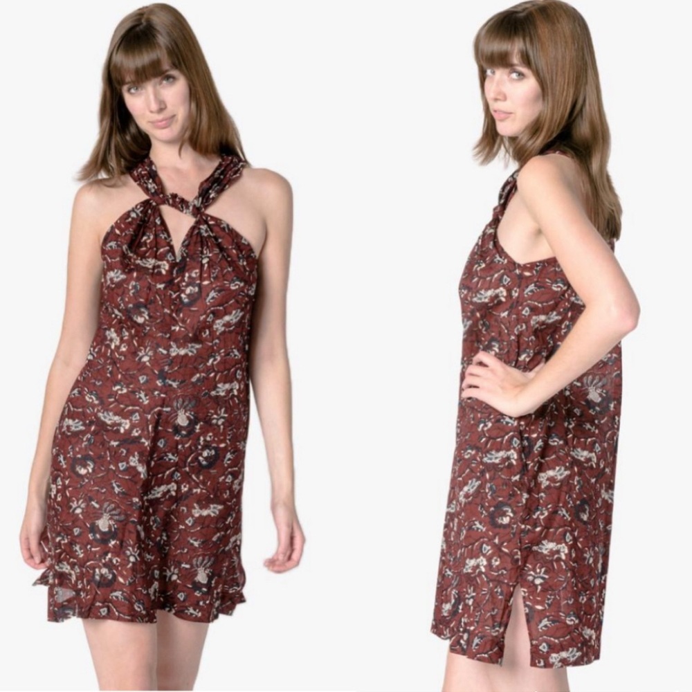 Isabel Marant Etoile Aba Twist Halter Dress Voile Maroon Floral Print Cotton